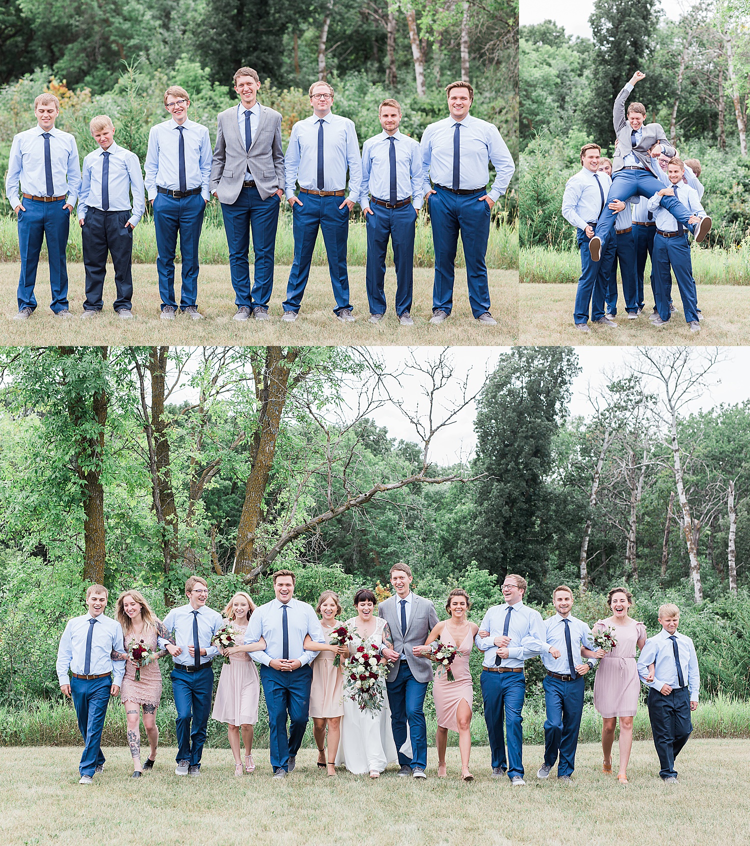 groomsmen wearing blue dress pants and ties with light dress shirts 