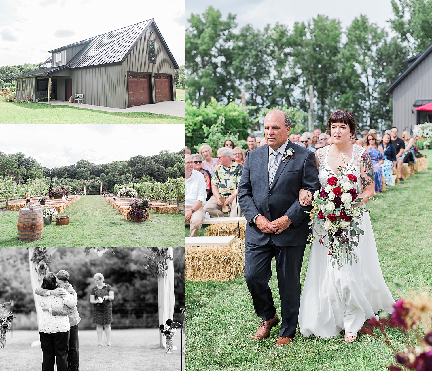 father of bride walks daughter down the aisle during wedding ceremony at Minnesota vineyard wedding 