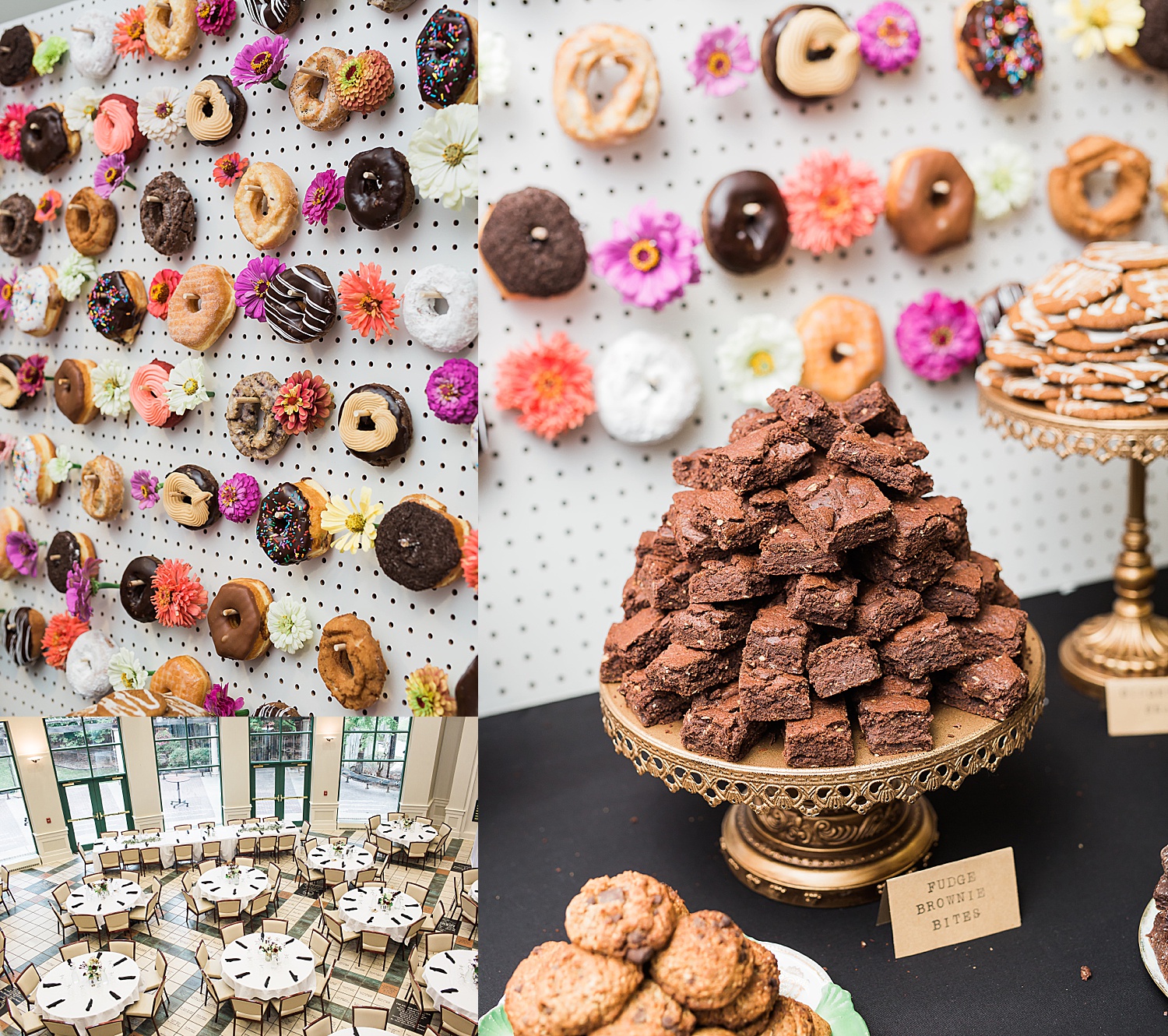 donut wall and dessert table at reception hall space in Minnesota on wedding day 